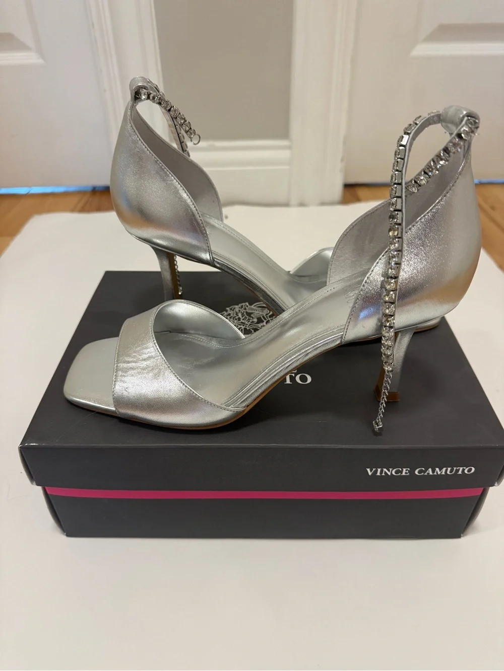 Vince Camuto Evensa Silver Rhinestone Ankle-Strap Heels